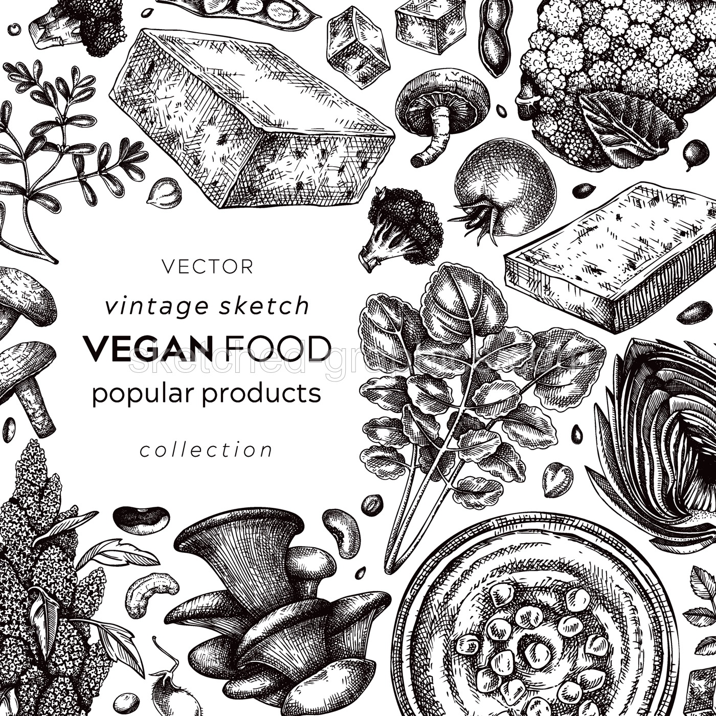 Vegan food sketched card. Healthy food banner template. Middle eastern cuisine frame. Hand-drawn vegan meals and ingredients for menu, recipe, and packaging design. Vegan food sketches  Illustration